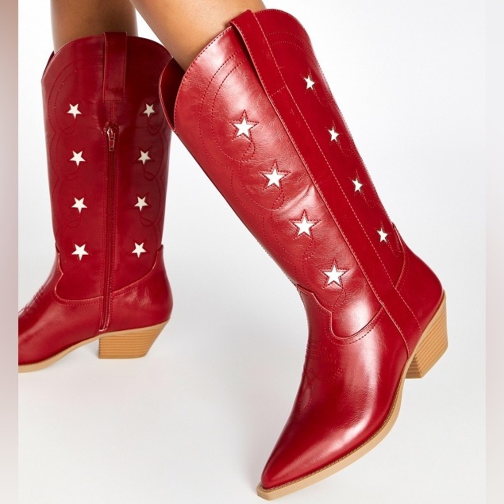 New - Red Star-Studded Women's Cowboy Boots - Picture 4 of 7